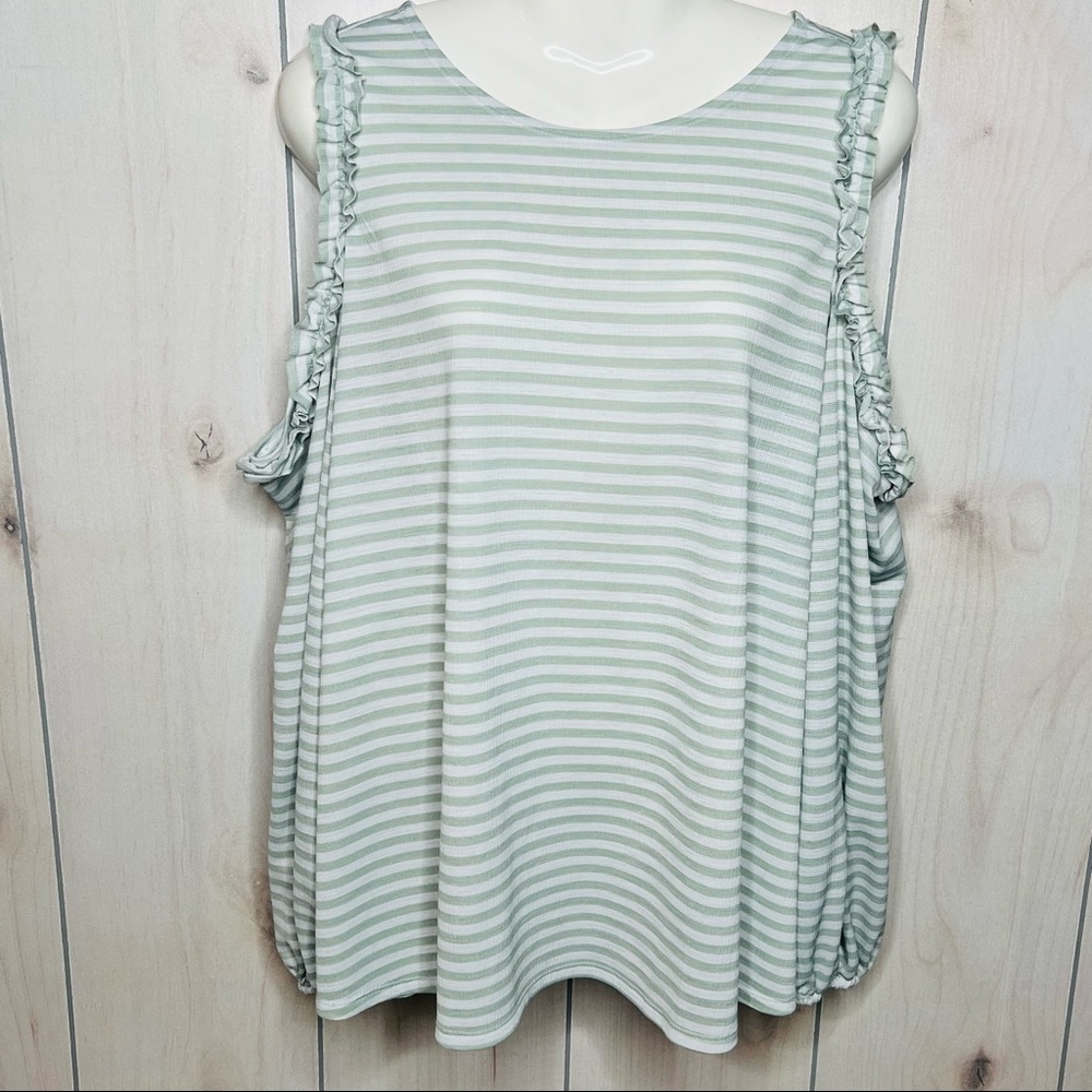 LC Lauren Conrad Green Striped Cold Shoulder Blouse